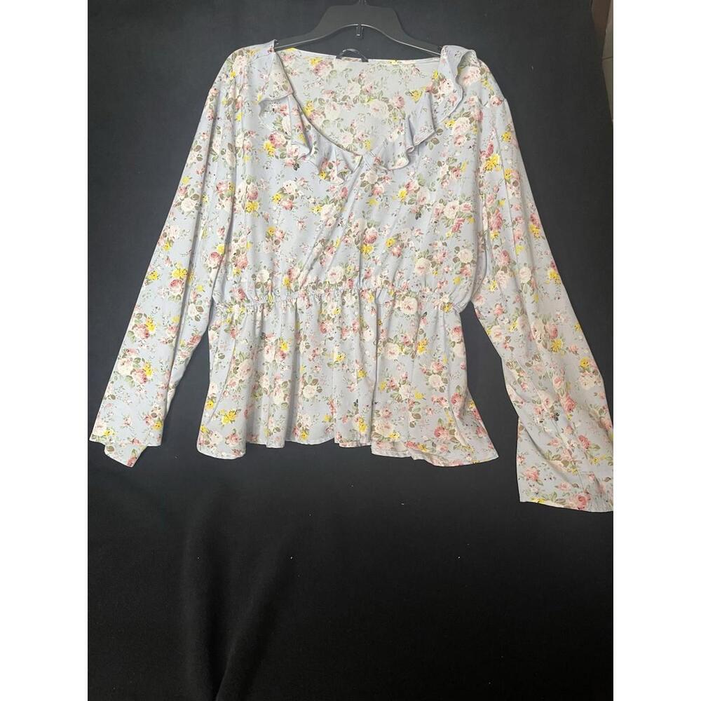 Floral Long Sleeve V-Neck Blouse with Ruffle Trim Flare Sleeves Size 4XL